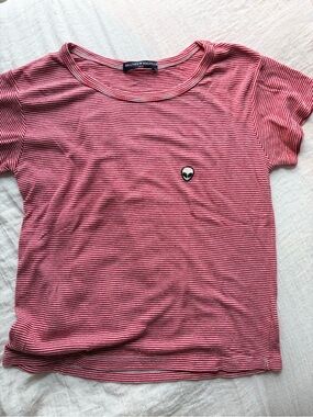 Brandy Melville Red and White Striped Tee with Alien Patch